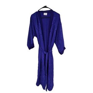 Vintage Ladies Medium Robe Featherbed Intimate Blue Jacquard Kimono Style EUC